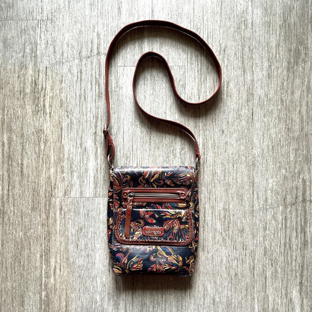 Sakroots Navy Blue/Multicolor Floral Bird Pattern Flap Top Small Crossbody Purse